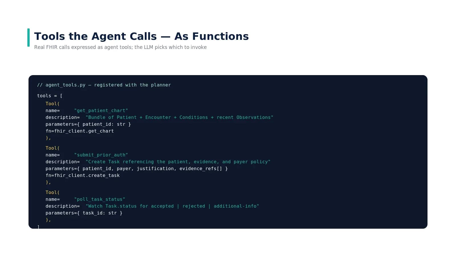 Code snippet: FHIR tools registered as functions for the agent's planner