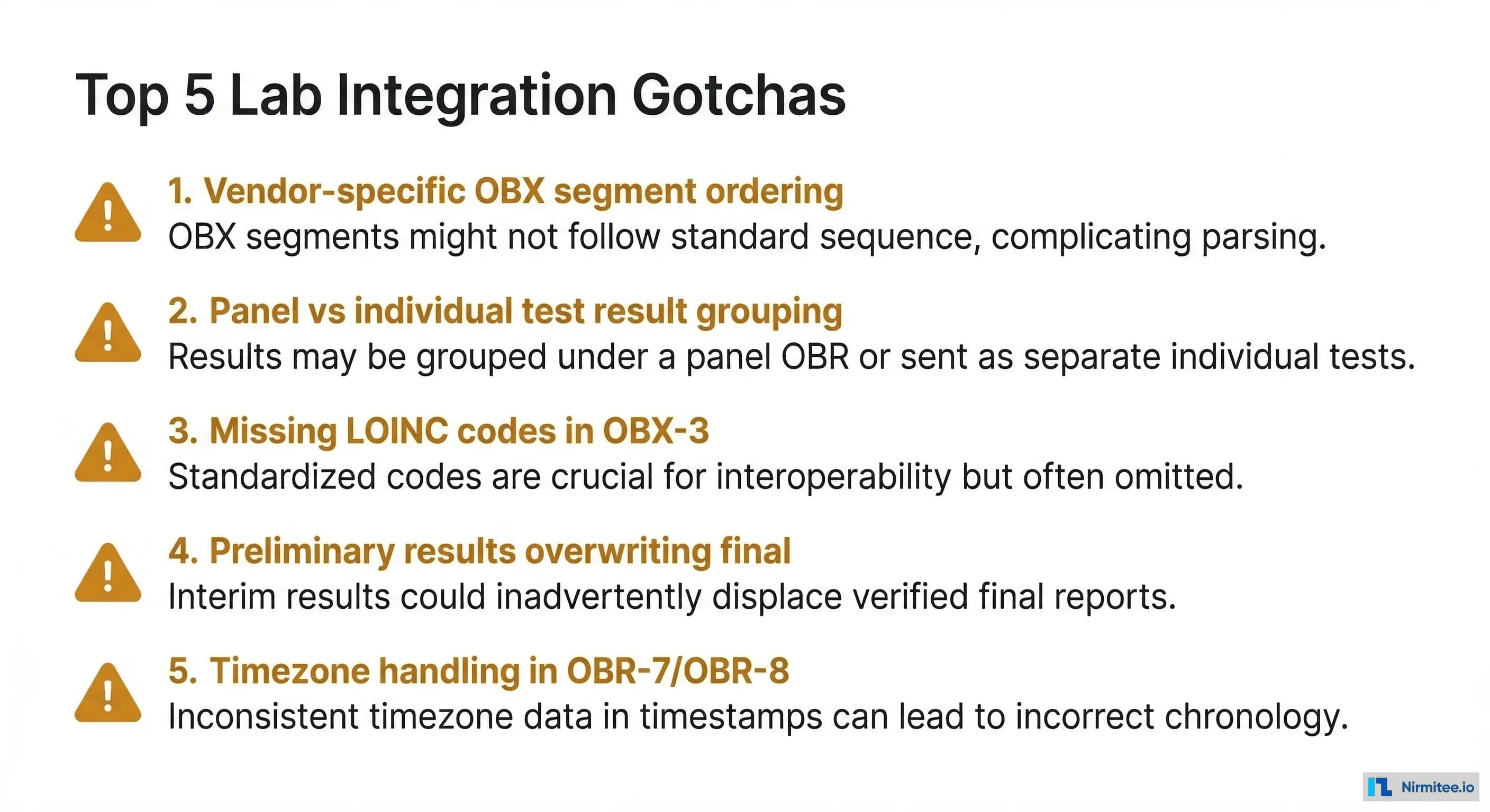 Top 5 lab integration gotchas: vendor-specific OBX ordering, panel grouping, missing LOINC codes, preliminary result overwrites, and timezone handling