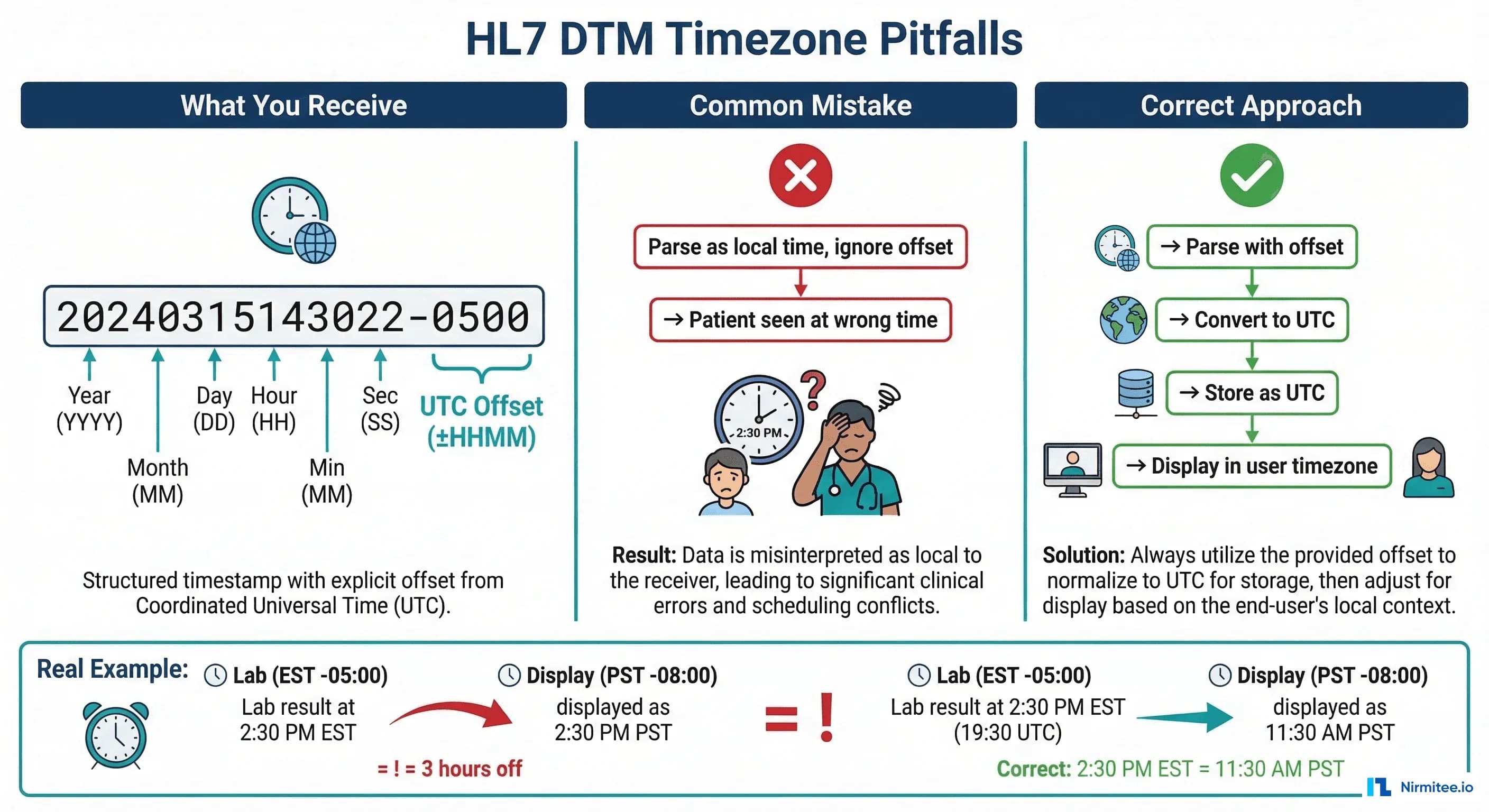 HL7 DTM timezone handling pitfalls and correct UTC conversion approach