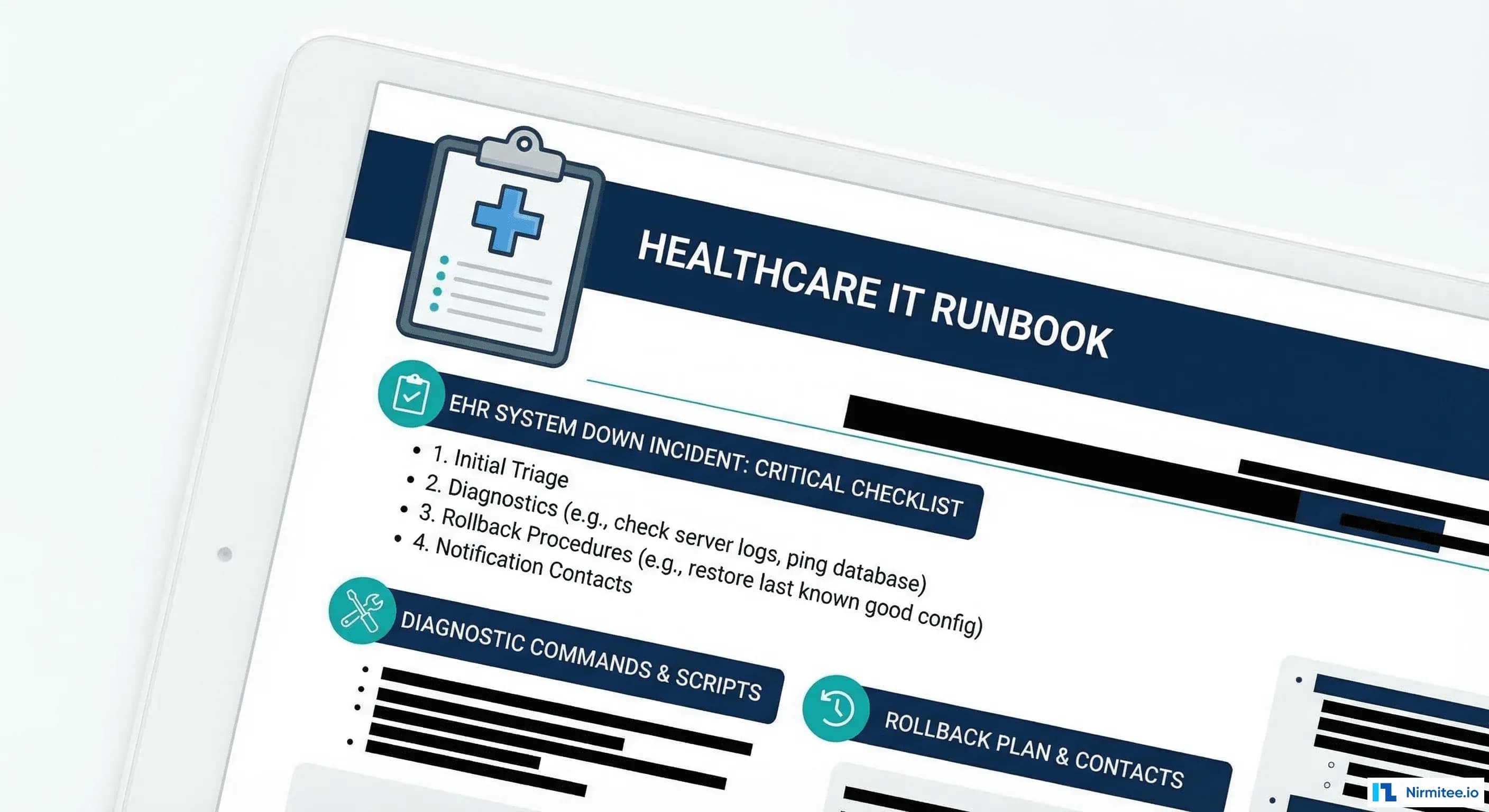 Healthcare system runbook template with diagnostic steps and notification checklist