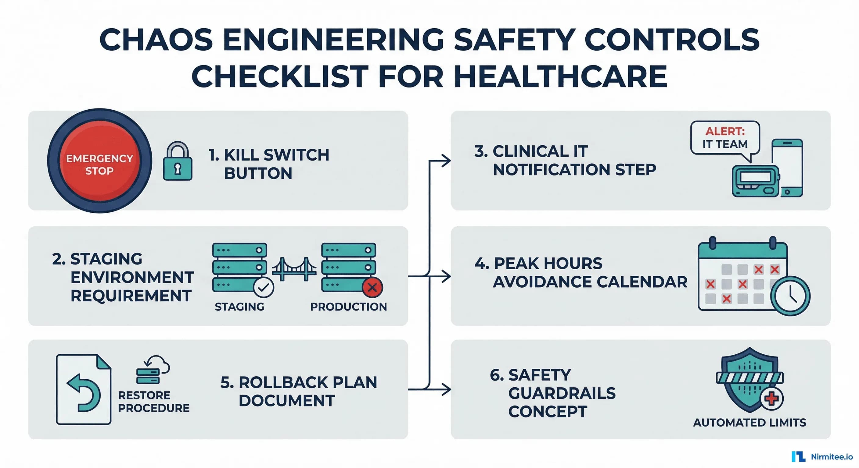 Chaos engineering safety controls for healthcare including kill switch, staging requirement, and clinical notification