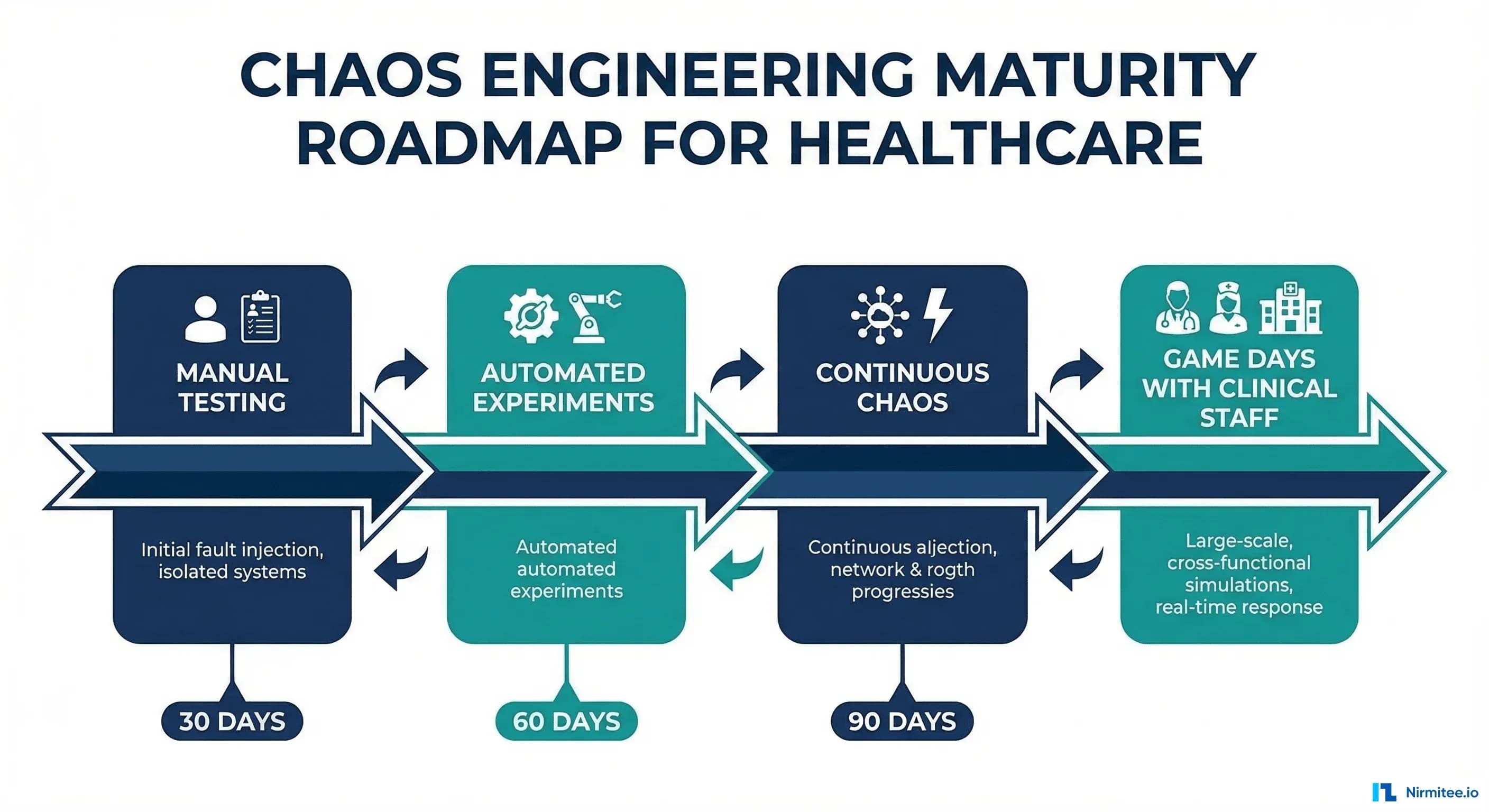 Chaos engineering maturity roadmap for healthcare showing four stages over 90 days