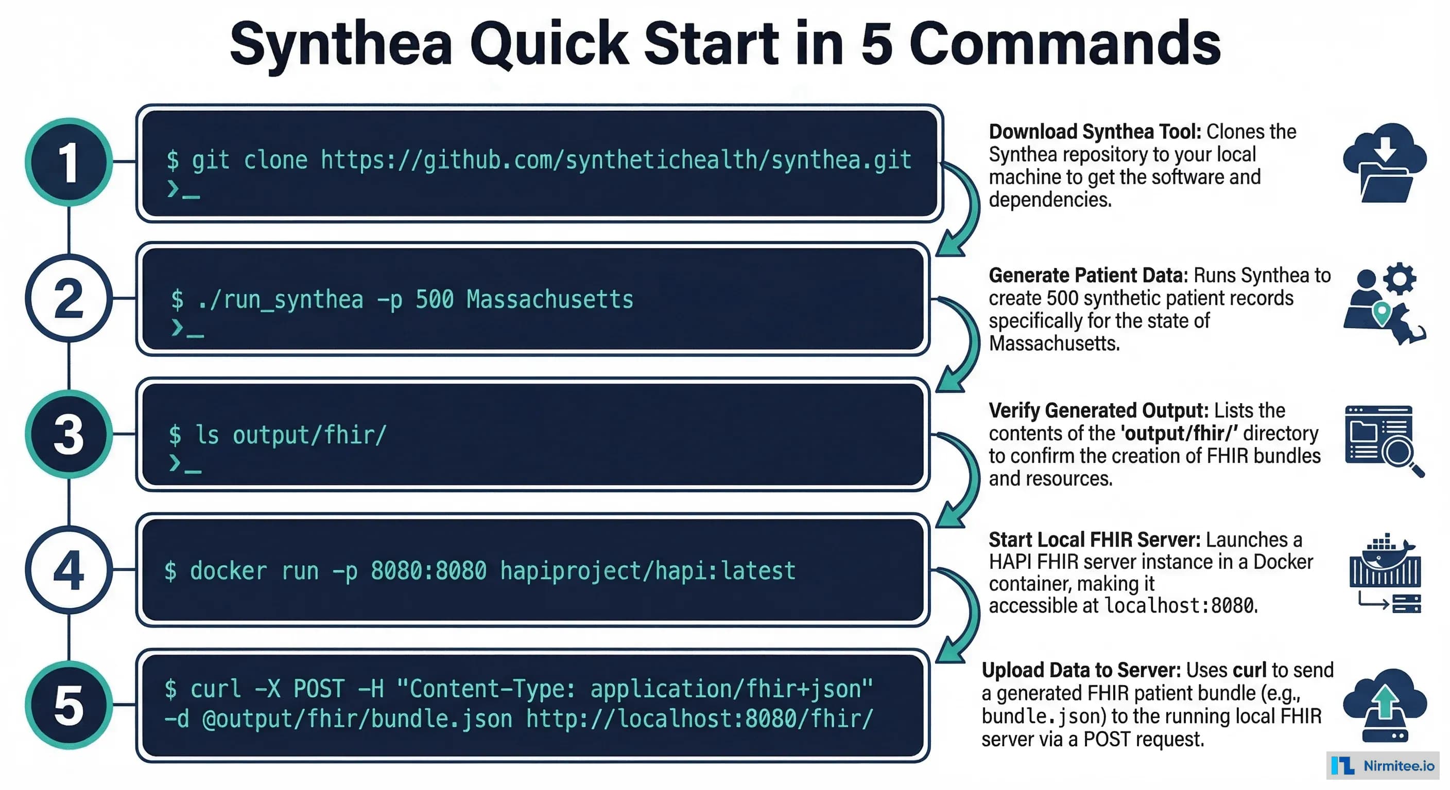 Synthea Quick Start in 5 Commands: clone, generate, list output, start HAPI, load bundles