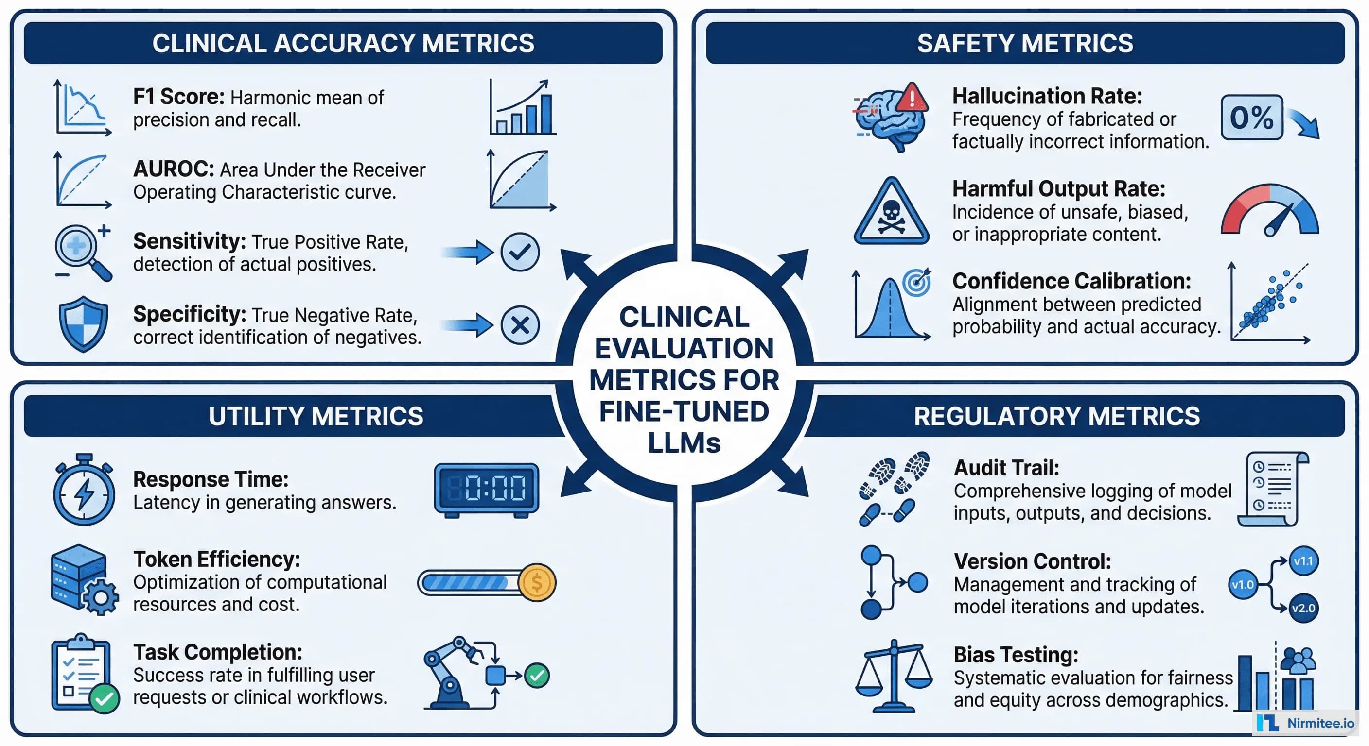 Four-quadrant clinical evaluation framework covering accuracy, safety, utility, and regulatory metrics