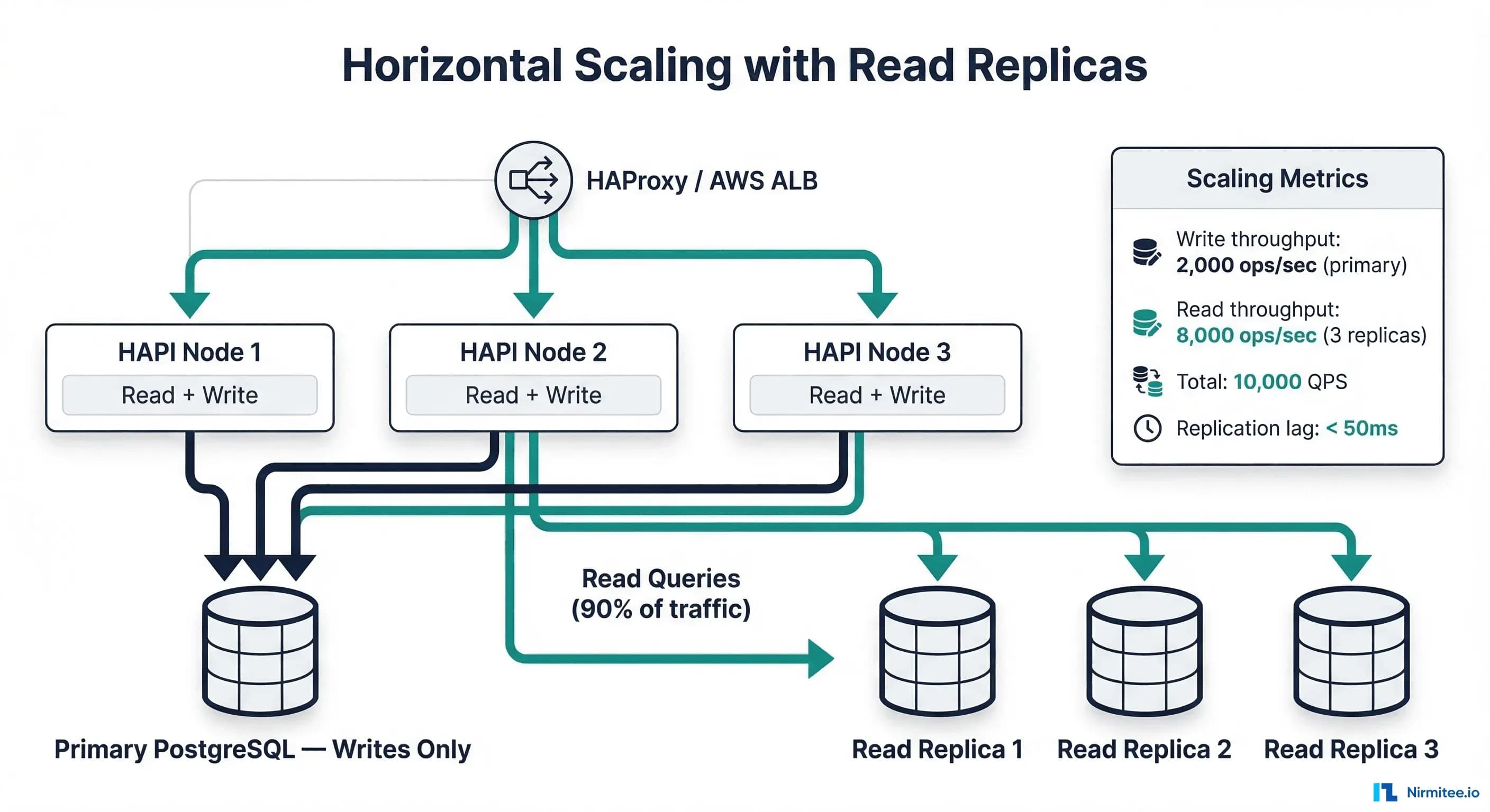 Horizontal scaling architecture with load balancer, HAPI FHIR nodes, primary PostgreSQL for writes, and read replicas for read queries