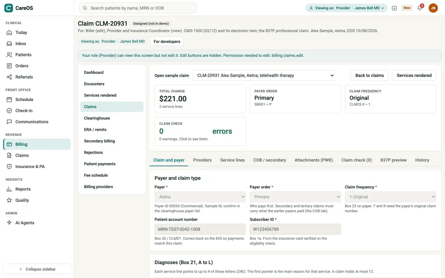 CareOS claim editor for a CMS-1500 professional claim with payer, payer order, claim frequency and a claim check showing zero errors