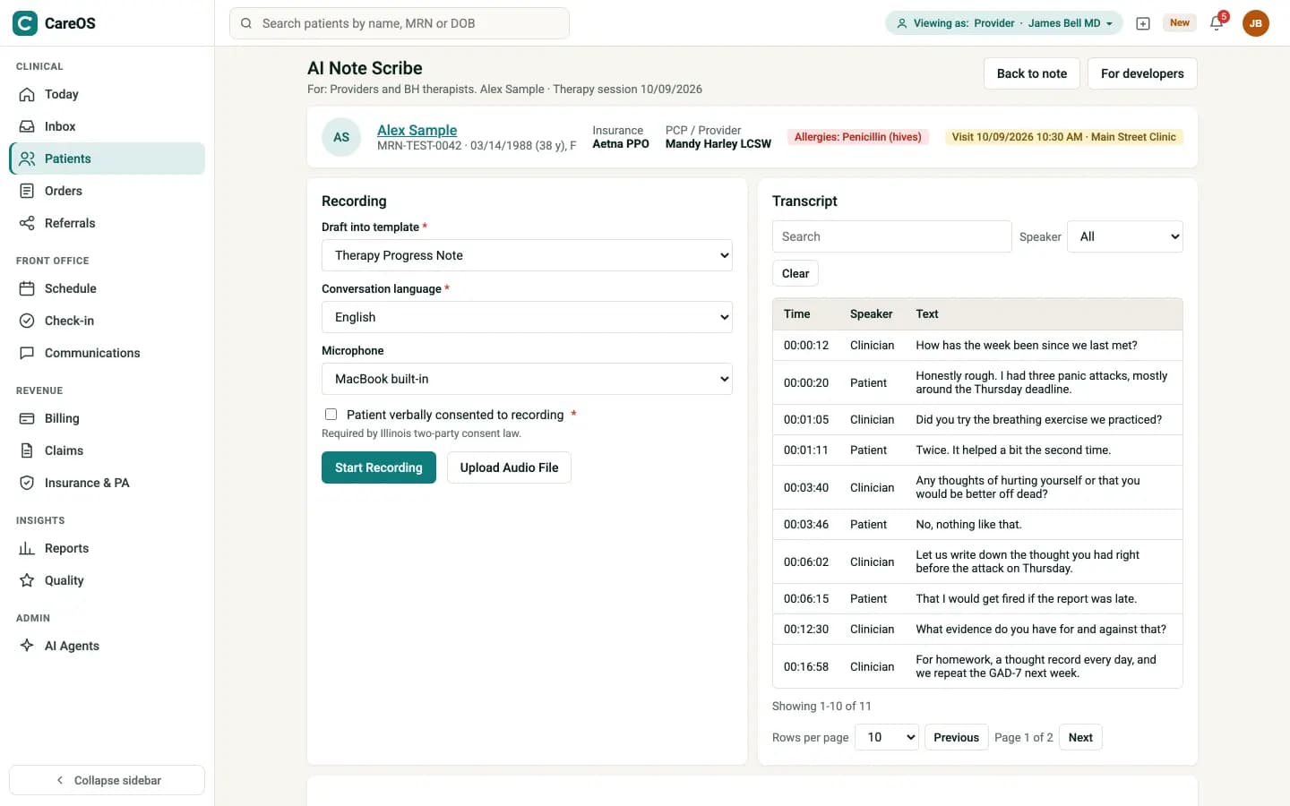 CareOS AI note scribe with a recording consent checkbox, a therapy progress note template and a speaker-labelled transcript