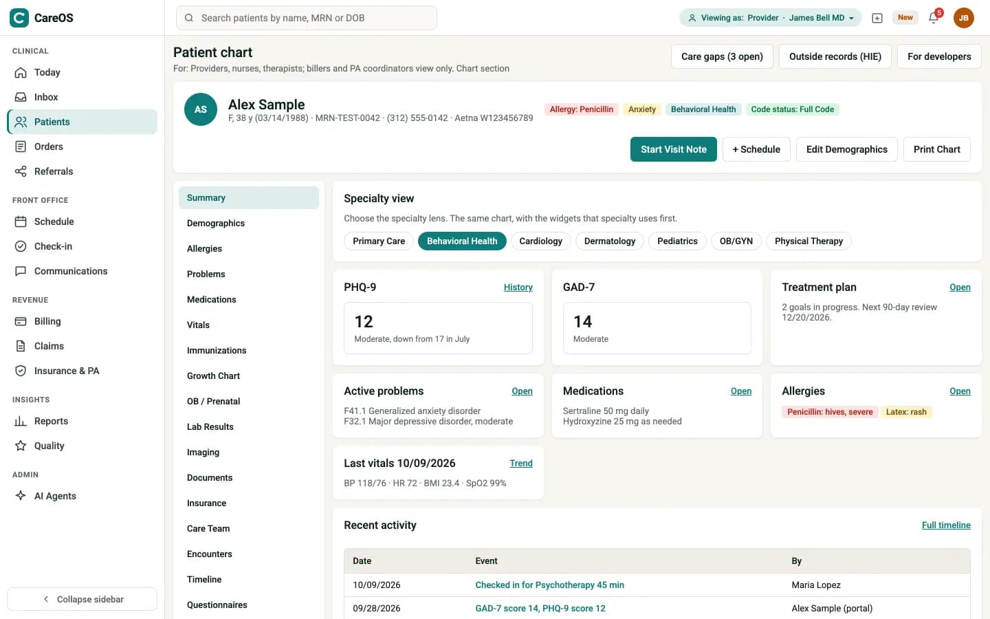 CareOS patient chart with a behavioral health view showing PHQ-9 and GAD-7 scores, active problems, medications, allergies and recent activity for a test patient