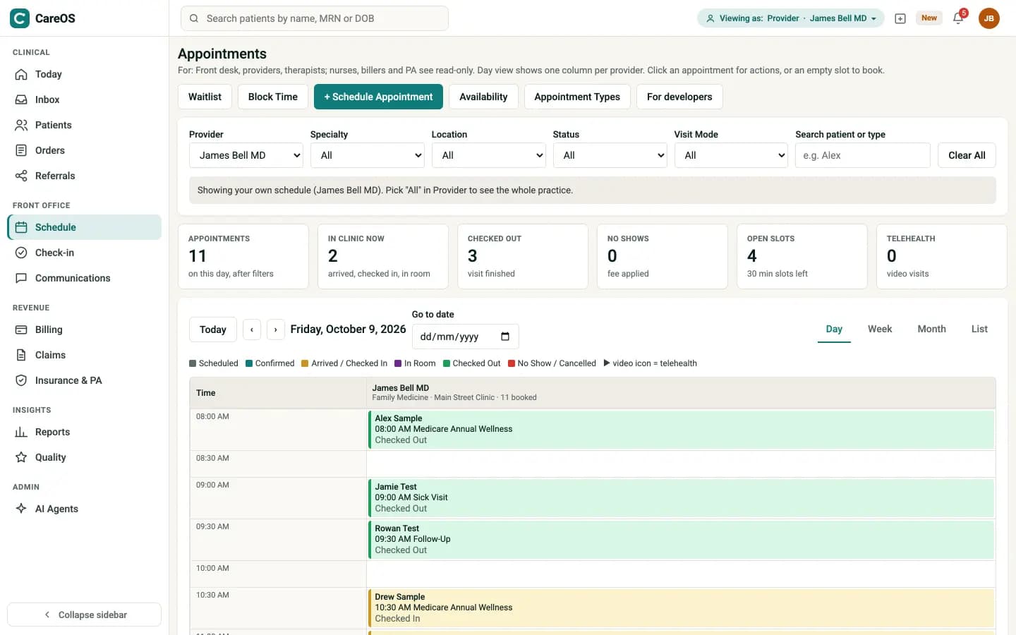 CareOS appointments screen with a provider day view, visit statuses and counts for checked in, no shows, open slots and telehealth visits