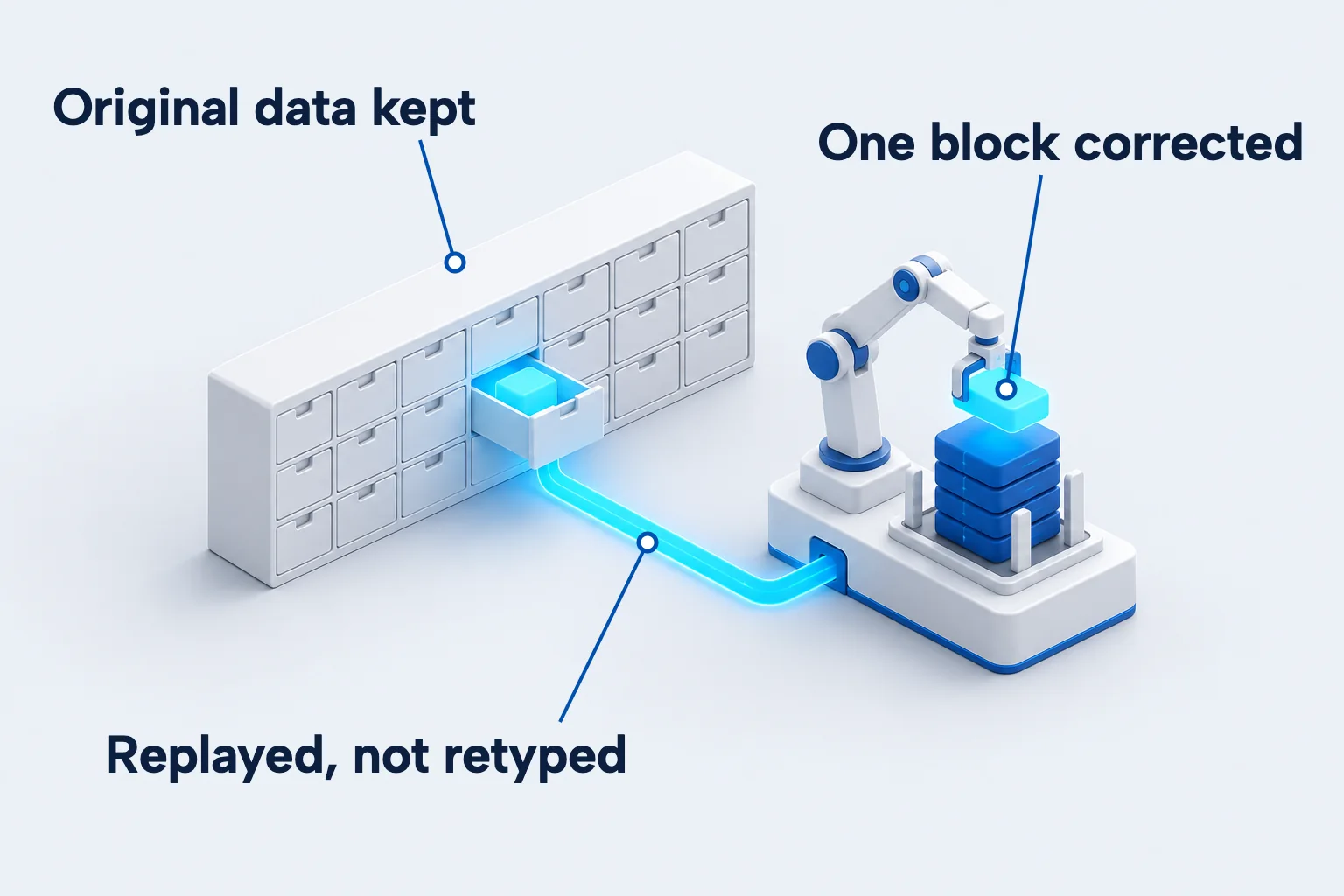 An archive drawer of original data pulled open and used to rebuild one corrected block in a neat stack, showing how a correction is replayed from kept history.