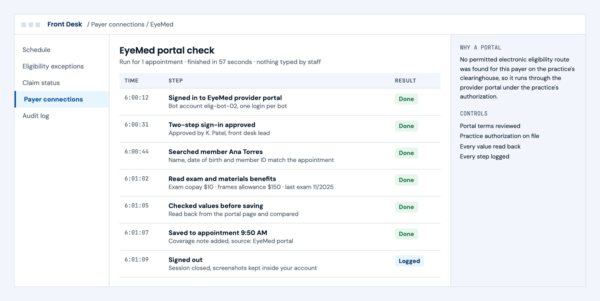 Audit log of a governed EyeMed portal check, from sign-in to saving the benefits on the appointment